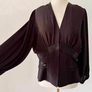 WHBM Elbow-Sleeve Corset Blouse Women's sz 10 Large Black Billow Lace Top Shirt